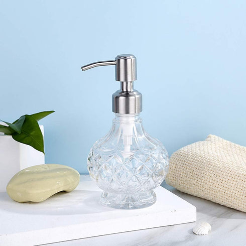 Soap Dispenser with Stainless Steel Pump, Clear Crystal Design, Vintage Elegant Refillable Liquid Hand Soap Dispenser