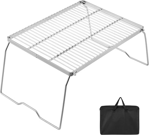YETO 2 Hight Camping Grill Grate with Legs - 304 Stainless Steel Folding Grate for Outdoor Cooking, Silver-Large