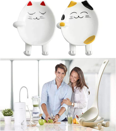 OURASHERO Multifunctional Ceramic Spoon Rest - Cute Cat Shape Utensil Holder for Kitchen Counter & Stove