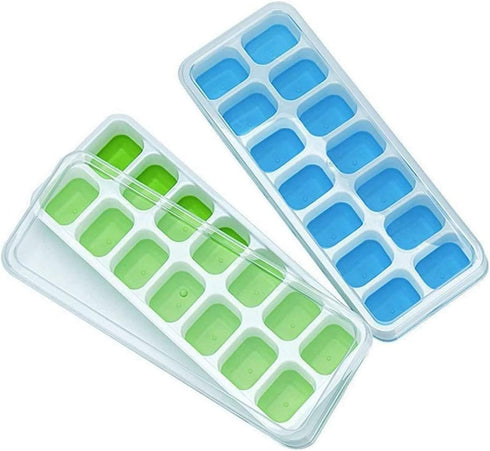 Ice Cube Trays, Silicone Easy-Release 14-Ice Trays with Spill-Resistant Lid, BPA Free, 2 Pack