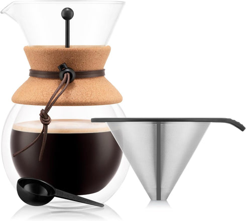 34oz Bodum Pour Over Coffee Maker, High-Heat Borosilicate Glass with Reusable Stainless Steel Filter and Double Wall