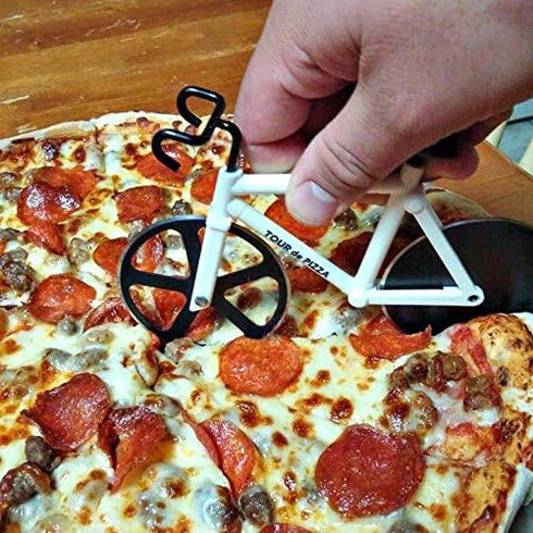 TOUR de PIZZA Bicycle Pizza Cutter - Dual Non-Stick Stainless Steel Cutting Wheels - Dishwasher Safe with Display Stand