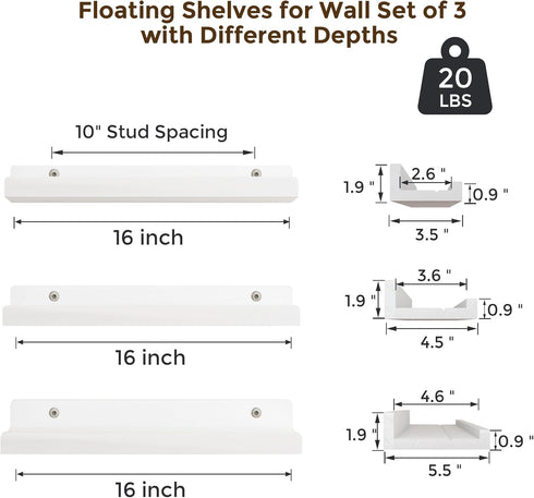 16 inch Set 3, Floating Shelves for Wall, Solid Wood Picture Ledge Shelf for Wall Storage, Nursery Book Shelves