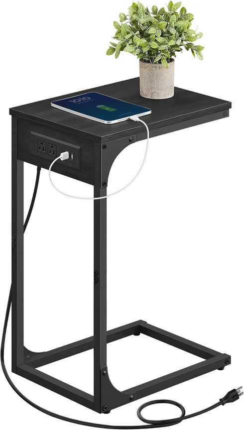 VASAGLE C-Shaped Side Table, End Table with Charging Station, C Table for