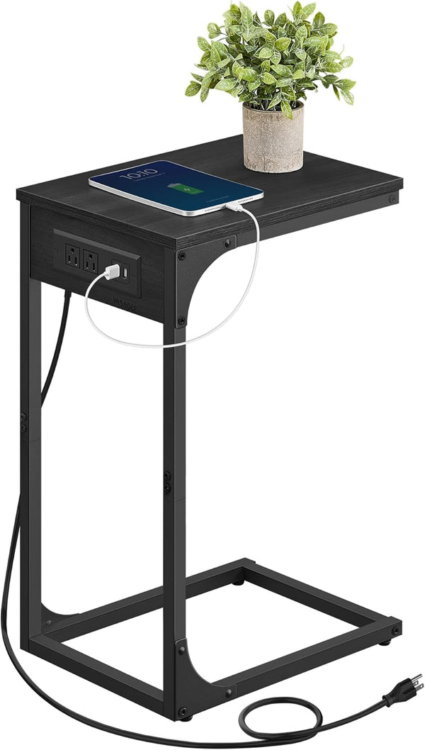 VASAGLE C-Shaped Side Table, End Table with Charging Station, C Table for