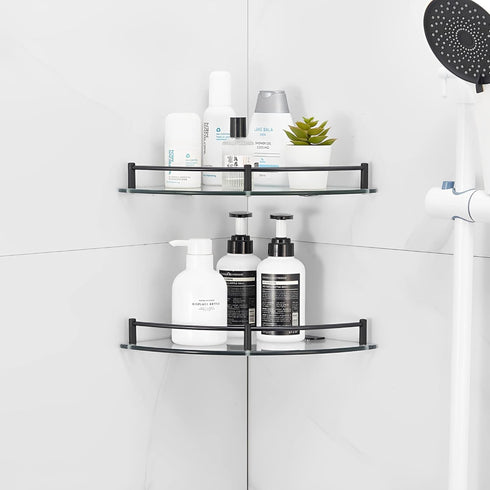 2 Pack 304 24cmx24cm 6mm, Glass Shower Corner Shelves - Floating Bathroom Shelves Tempered Glass Shelf with Rails SUS