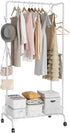 Clothes Rack, Multi-Functional Rolling Garment Rack with Metal Storage Basket and Side Flexing Bar (White)