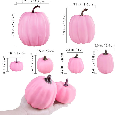 Winlyn 7 Pcs Assorted Sizes Fall Artificial Pink Pumpkins for Halloween, Thanksgiving, Harvest Holiday Season Tabletop