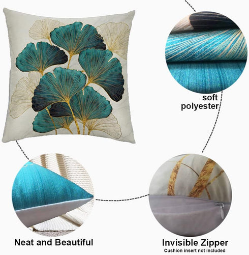 Throw Pillow Cover Green Plant Leaves, 18 x 18 Inch Teal Cushion Cover, Set of 2 Turquoise Ginkgo Leaf Case