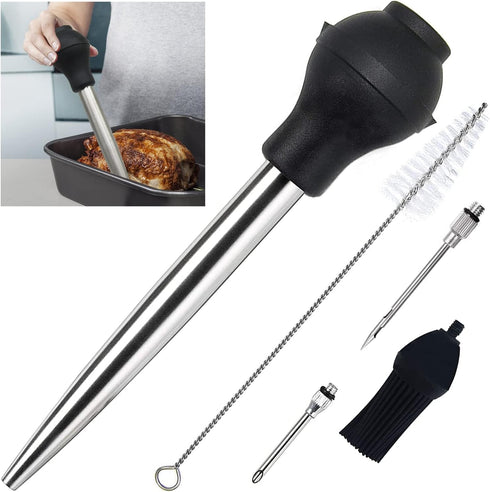 KAYCROWN Stainless Steel Turkey Baster - Commercial Grade with Silicone Bulb, Marinade Injector Needles, Basting Brush