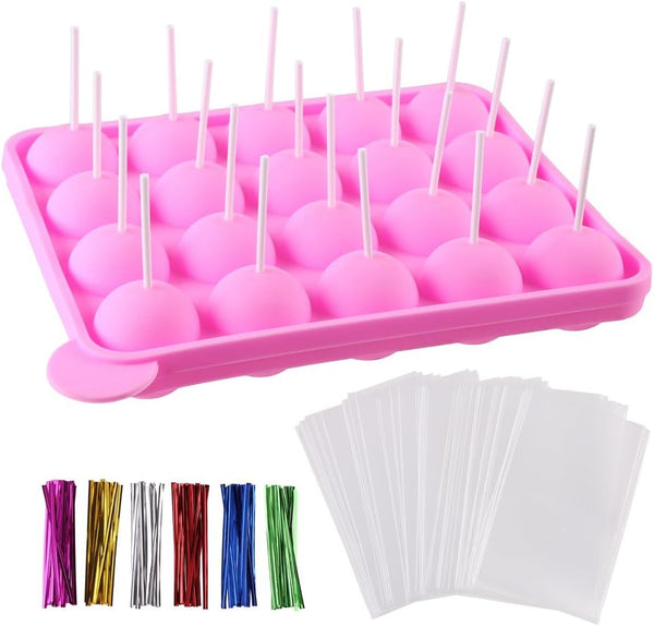 CCINEE 20 Cavity Silicone Cake Pop Mold with 30 pcs Clear Cellophane Treat Bags, 20 pcs Lollipop Sticks, 30 pcs Twist