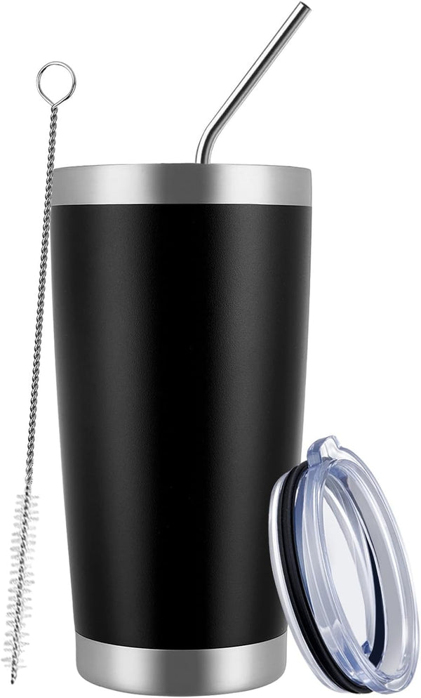 MEWAY 20oz Double Wall Vacuum Insulated Travel Mug, Stainless Steel Tumbler with Lid and Straw, Black