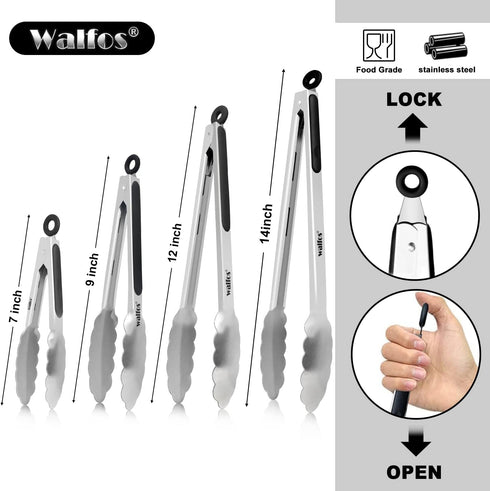 Walfos Stainless Steel Kitchen Tongs for Cooking - Set of 4 Heavy Duty Locking Metal Food Tongs, Non-Slip Grip