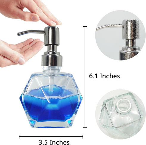 Modern Geometric Shape Clear Glass Soap Dispenser, Lotion Dispenser Bottle with Rust Proof Stainless Steel Pump for