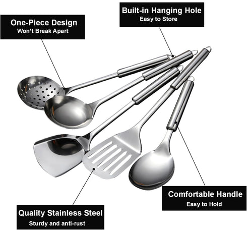 Stainless Steel 5-Piece Utensil Set: Heat Resistant Cooking Tools, Slotted Spoon, Spatula, Large Spoon