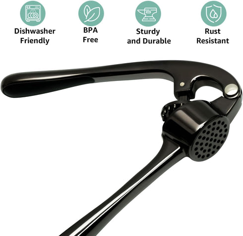 Garlic Press Crusher & Mincer Easy Squeeze Ergonomic Handle, Heavy Duty Zinc Alloy, Dishwasher Safe, Includes Peeler