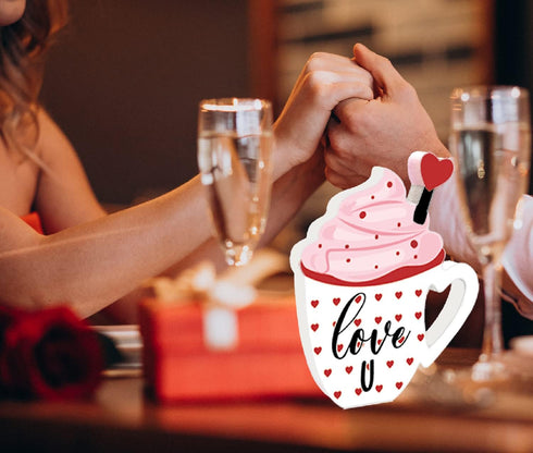 2 Pieces Double Side Wooden Coffee Sign for Valentines Day, Coffee Cup Tabletop Decoration for Holidays