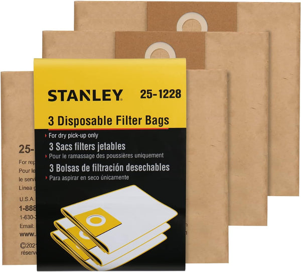 Stanley 25-1228 Disposable Filter Dust Bag, 3 Pack for 2.5-3.5 Gallon Wet/Dry Vacuum Cleaner