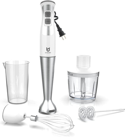 Immersion Hand Blender, UTALENT 5-in-1 8-Speed with 500ml Food Grinder, 600ml Container, Milk Frother, White