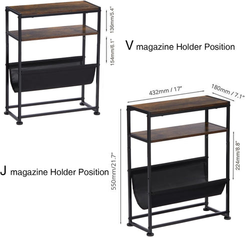 2-Tier Narrow End Table with Magazine Rack, Slim Side Table for Small Spaces, Industrial Nightstand with Storage Sling