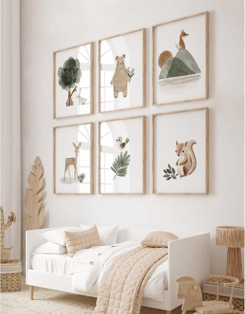 Joocrise Set 6 8x10 Inch Woodland Nursery Wall Art Decor of Animal Canvas Wall Decor Pictures Baby Room Neutral Wall