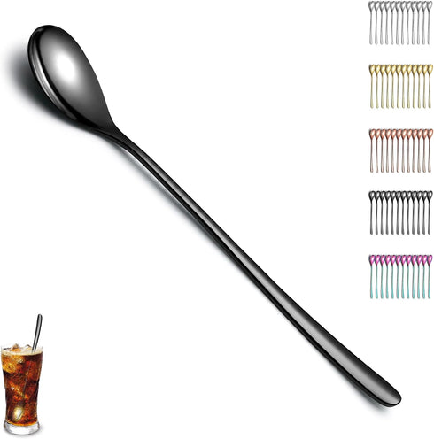 Black Long Handle Iced Tea Spoon Set of 12 Pieces, Titanium Plating Black Stainless Steel Teaspoons, Dishwasher Safe