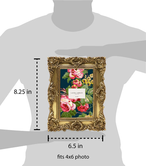 Laura Ashley 4x4 Gold Ornate Textured Hand-Crafted Resin Picture Frame with Easel & Hook for Wall & Tabletop Display,