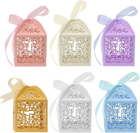 VIVIQUEN Baptism Favor Boxes, Laser Cut Cross Favor Boxes with 50 Ribbons for Baby Shower and Wedding Party Decorations