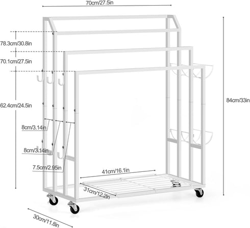 6 Freestanding Towel Rack for Bathroom Rolling Towel Storage Cart On Wheels Blanket Ladder with Shelf & Hooks, Outddoor