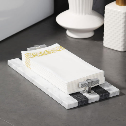 Guest Towel Holder Tray for Bathroom, Marble Guest Napkin Holder, Disposable Hand Towel Holder, White and Black