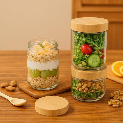 12 Pack 16oz TBWIND Glass Jars with Bamboo Lids, Spoons, Airtight Overnight Oats Containers, Salad& Yogurt Storage