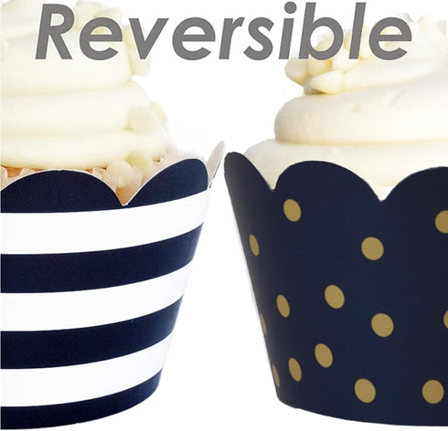 Navy Blue and Gold Cupcake Wrappers - 24 Count Reversible Party Decoration Supplies for Nautical Baby Shower, Military