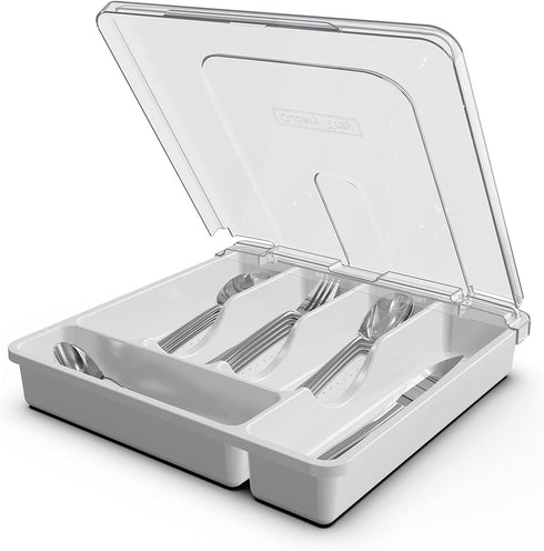 Silverware Tray with Lid, Utensil Drawer Organizer for Kitchen Countertop, 5 Compartments Plastic Flatware Holder
