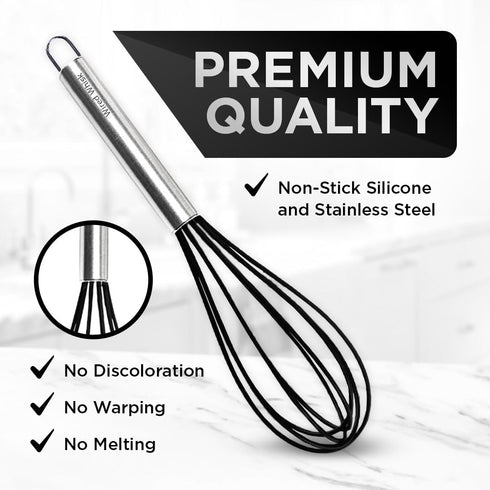Silicone Whisk Set, 3 Pieces, Stainless Steel & Silicone Non-Stick Coating, 12-inch, 10-inch & 8.5-inch