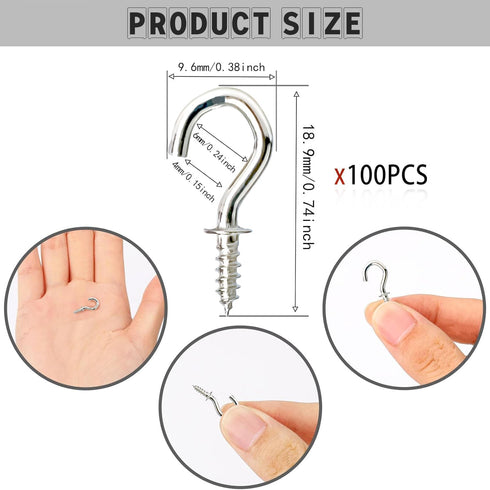 100 Pcs Small Screw Hooks, 1/2 Inch Screw-in Hooks Copper Plated Metal Cup Hooks, Mini Metal Screw Wood Ceiling Wall Hooks for Jewelries Crafts Keys Caps String Plants Lights Wreaths, Silvery by Motroce