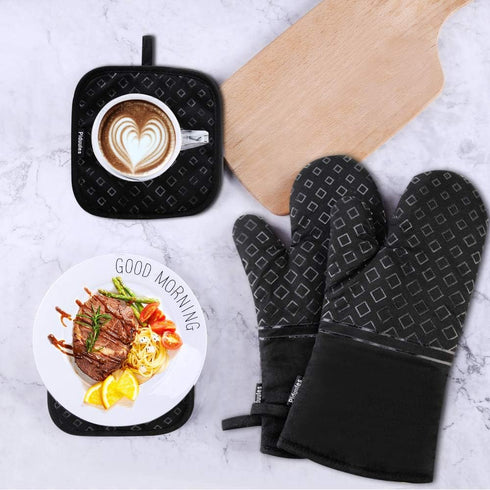 Set of 4 Black Oven Mitts and Pot Holders, 482 F Heat Resistant Non-Slip Gloves for BBQ, Grill, Baking, Cooking, Oven,