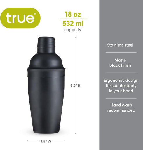 True Ash Stainless Steel Cocktail Shaker - 18 oz for Cold Brew Cocktails, Home Bar Accessories, Matte Black