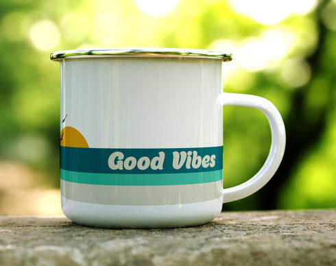 Good Vibes Retro Camper Enamel Mug, 12oz Camping Coffee Mug, Beach Surf Lover Gift