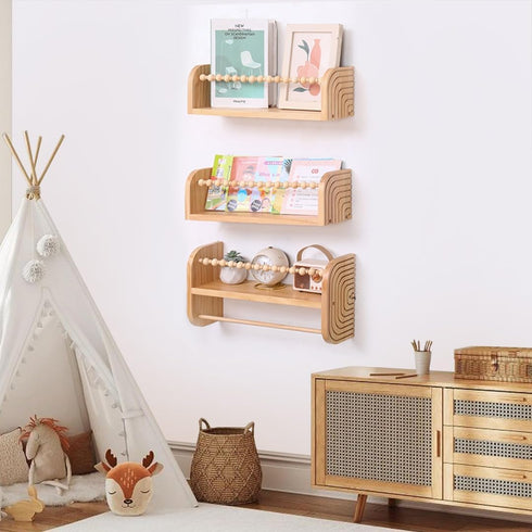 SAG's store Set 3 15.7" Floating Nursery Shelves - of Natural Wood Wall-Mounted Bookshelves for Kids Room, Baby Room