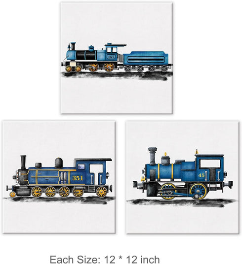 brayqu Set 3 12x12 Inch of Blue Steam Train Nursery Vehicle Art Canvas Wall Art Framed Paintings Prints Watercolor