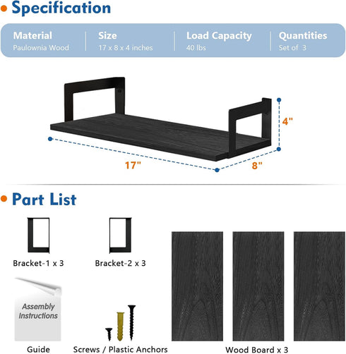 17 Inches (Set 3) Harwaya Wall Mounted Bookshelf, Floating Bookshelves for Bedroom, Long Wall Mount Book Shelves
