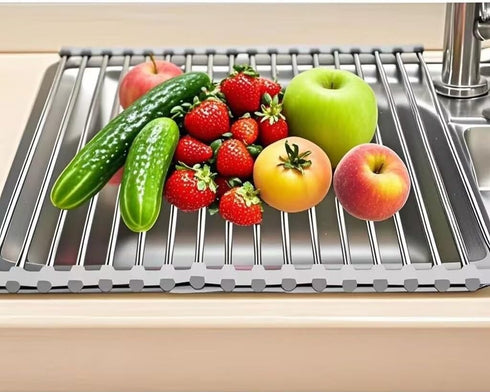 Roll Up Dish Drying Rack, Stainless Steel and Silicone Over The Sink Foldable Drain Rack for Kitchen, 14.5” x 14”, Gray