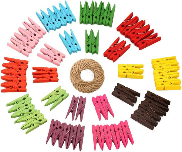 jijAcraft 100Pcs Wooden Clothespins with 98Ft Jute Twine, 1.4 Inch Photo Clips, 10 Colors for Crafts, Baby Shower Decor