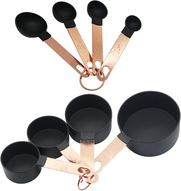 Measuring Cup and Spoon Set, 8PCS Liquid or Dry Measuring Cups with Stainless Steel Handle, Nesting Kitchen Tool (Black)