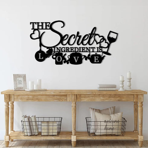 The Secret Ingredient is Love Metal Wall Art Sign - Farmhouse Kitchen Decor, Housewarming Gift (Black - 16 x 8 inch)