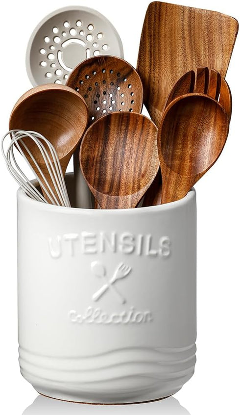 AISBUGUR Large Ceramic Utensil Holder, 7.5" H×6.3" W with Slanted Mouth, Non-Slip Cork Base for Kitchen Counter