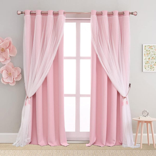 Pink Blackout Curtains with Sheer Overlay, 2 Panels, Thermal Insulated & Soundproof,