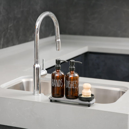 Set MOMEEMO Amber Glass Soap Dispenser Comes with Stainless Steel Pumps, Instant Dry Tray, and Dish Scrub Brush