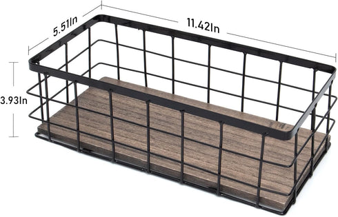 ROSE BLOOM Small Metal Wire Storage Basket, Decorative Wood Base Organizer for Bathroom, Kitchen, Laundry Room (1 Pack)