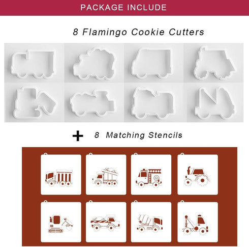 Transportation/Vehicles Cookie Cutters with Matching Stencils - Set of 16, Truck, Tractor, Fire Engine, Excavator